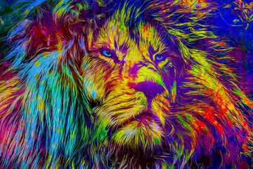 Colorful artistic lion muzzle with bright paint splatters color art © reznik_val