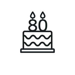 Birthday cake line icon with candle number 80 (eighty). Vector.