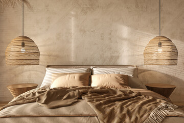 Boho scandinavian style in farmhouse interior. Beige bedroom with natural wooden furniture, shutters and dry plants. 3d rendering illustration. © Viktoria Kovalchuk