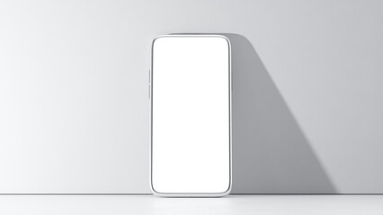 Metallic phone Mock-Up. Blank screen white color with bright light and contrast shadow background. Minimal idea concept, 3D Render.