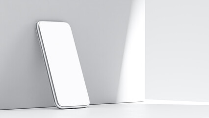 Metallic phone Mock-Up. Blank screen white color with bright light and contrast shadow background. Minimal idea concept, 3D Render.