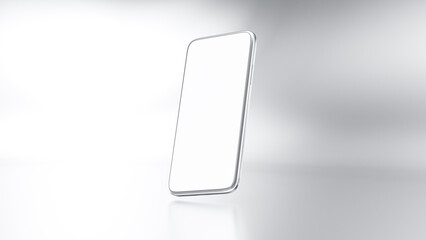 Metallic phone Mock-Up. Blank screen white color with bright light and contrast shadow background. Minimal idea concept, 3D Render.
