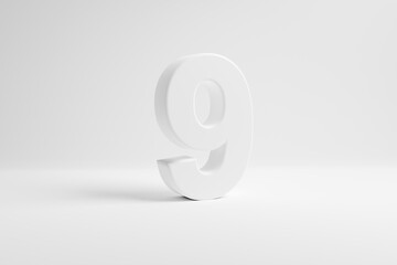 Number nine on white background. 3D rendering.