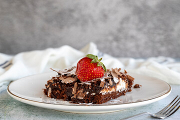 Chocolate cake. Cake with chocolate chips and chocolate sauce. close up