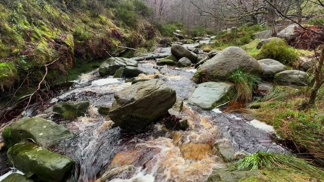 Derbyshire Moorland peat stained river stream filmed during a rain storm.