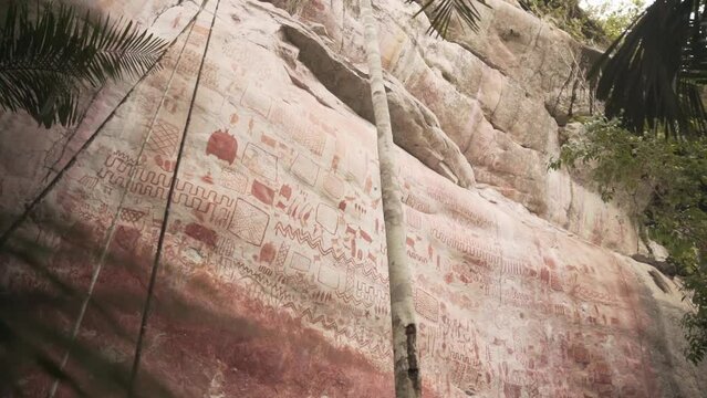 Serrania de La Lindosa Rock Art Paintings In The Amazon Of Colombia. Low Angle Shot