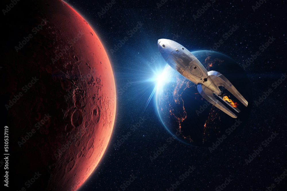 Poster vintage retro metal rocket flying in space with the red planet mars and the blue planet earth with s
