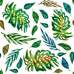 Watercolor pattern of tropical leaves and palm, banana leaves
