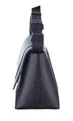 Bag made of black morocco leather on a leather strap, highlighted on a white background. Side view. Expensive women's accessories.