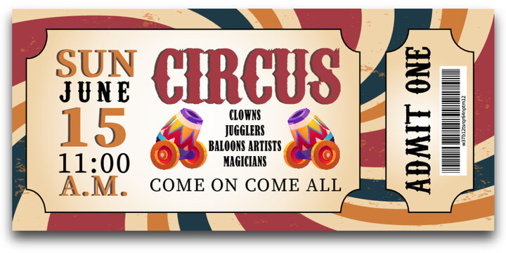 circus ticket template, red-blue-yellow collor background. Carnival invite