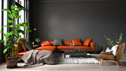 Orange-Farbenes Sofa vor dunkel-grauer Wand