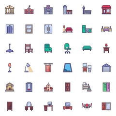 Interior and buildings filled outline icons set