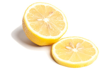 Single cut lemon citrus fruit with lemon slice isolated on white background