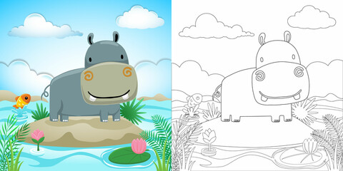 Cartoon of hippo in swamp on blue sky background - obrazy, fototapety, plakaty