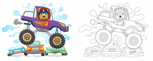 Hand drawn cartoon of lion on monster truck crushing small vehicles, coloring book © Bhonard21