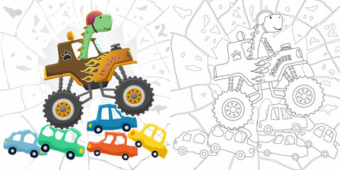 Hand drawn cartoon of dinosaur on monster truck crushing small vehicles, coloring book © Bhonard21