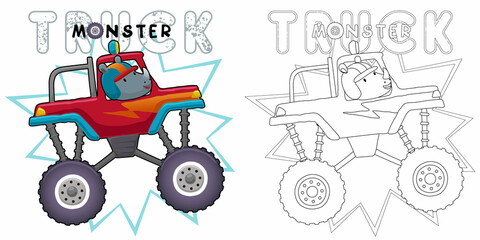 Hand drawn of rhino cartoon on monster truck, coloring book or page © Bhonard21