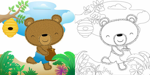 Cute bear cartoon holding honey jar in forest