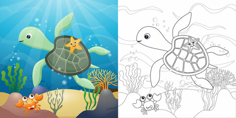 Cartoon of turtle with starfish and crab underwater, coloring book or page