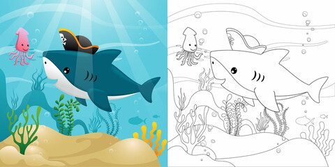 Funny shark cartoon wearing pirate hat with squid underwater, coloring book or page