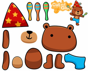 Vector illustration of cartoon bear in circus show. Cutout and gluing