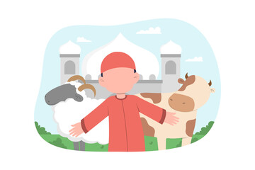 KIds celebrate eid Al-Adha with cows and sheep vector illustration