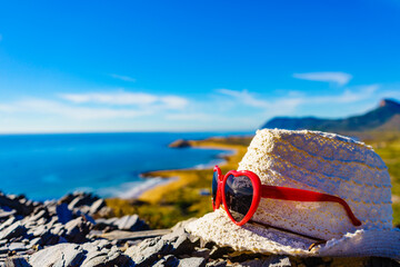 Summer hat on sunny sea coast, Murcia Spain - obrazy, fototapety, plakaty