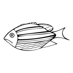 Black and White Fish Coloring Page, Hand drawn black and white sea doodle sketch illustration. Fish Coloring Book for Kids.