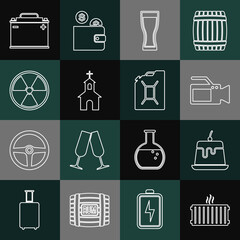 Set line Heating radiator, Pudding custard, Cinema camera, Glass of beer, Church building, Radioactive, Car battery and Canister for gasoline icon. Vector