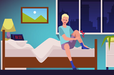Man woke up during the night with leg numb, flat vector illustration.