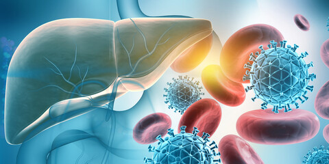 Human liver with hepatitis viruses. 3d illustration.. - obrazy, fototapety, plakaty