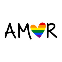 Banner con texto manuscrito Amor en español. Corazón con bandera lgbt. Color arco iris. Vector para evento del mes del orgullo. Logo orgullo gay