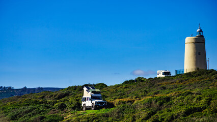 Caravan on spanish coast, Gibraltar rock on horizon © Voyagerix