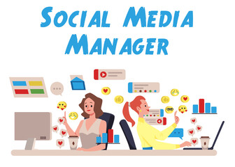 Social Media SEO managers at work, flat vector illustration isolated on white.