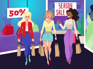 Fototapeta premium Group of women with shopping bags in the store, friends go shopping during discount season, flat vector illustration.