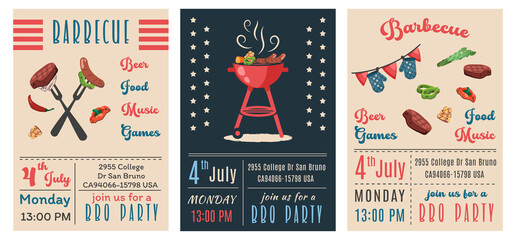 4th July bbq party. Set of BBQ invitation. Summer barbecue picnic. Bbq background with grill, steaks, meat food, vegetables, national elements for congratulation. Vector cartoon illustration