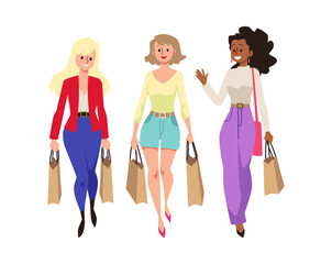 Happy young women going with shopping bags in hands flat style