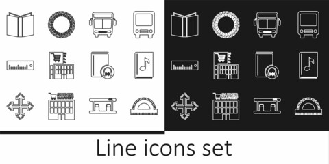 Set line Protractor grid, Audio book, Bus, Mall supermarket building, Ruler, Open, and Laurel wreath icon. Vector