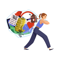 Woman carrying big and heavy bag with life burdens, flat vector illustration isolated on white background.