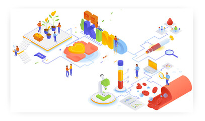 People growing hearts in pots, Be kind quote, blood structure test, flat vector isometric illustration. Charity, help.