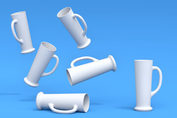 Set of white glasses of fresh draft beer on a blue monochrome background.