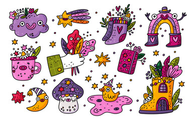 Cute stickers set with cute doodle elements rainbow, flowers, moon, stars, duck. Printable illustration for kids with cute characters. Sticker collection in cartoon style, garish patch vector. Tattoo 