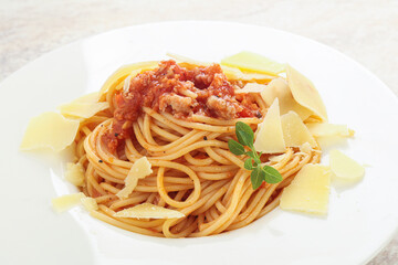 Italian pasta Spaghetti bolognese with parmesan