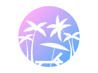 Fototapeta na wymiar Chaise lounge outline with palm trees in the style of the 80s. Palm trees and deck chair at gradient sun isolated on white background. Design for banners and posters. Vector illustration