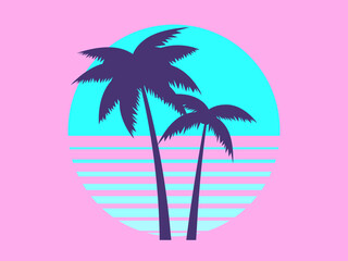 Fototapeta na wymiar Contours of palm trees at sunset in the style of the 80s. Palm trees and blue sun on a pink background. Design for printing advertising banners and posters. Vector illustration