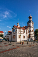 Fototapeta na wymiar Town hall with a half-timbered structure from 1697. Nowe Warpno, West Pomeranian Voivodeship, Poland.