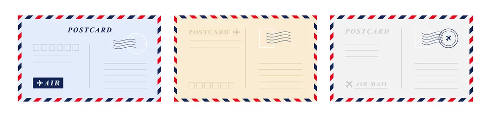 Fotobehang Basic RGBVintage retro postcard template set. Air mail envelope with postage stamp, postage card. Vector graphic design © NazArt