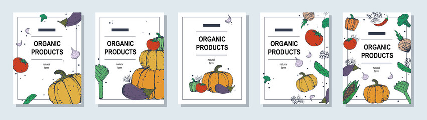 Posters on the theme of organic vegetables. A set of postcards for a farmer's fair. Advertising booklets. Flat vector illustration. Eps10