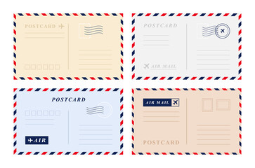 Basic RGBVintage retro postcard template set. Air mail envelope with postage stamp, postage card. Vector graphic design - obrazy, fototapety, plakaty