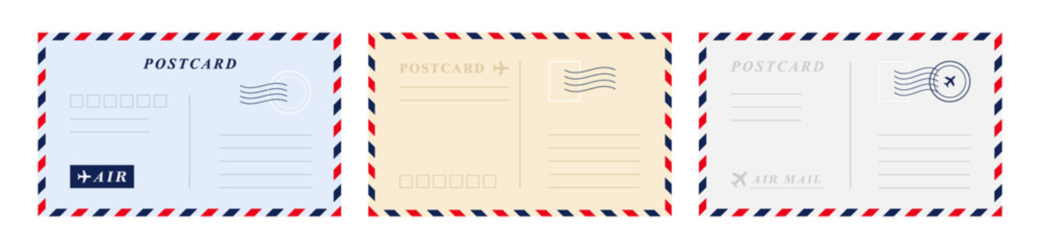 Basic RGBVintage retro postcard template set. Air mail envelope with postage stamp, postage card. Vector graphic design